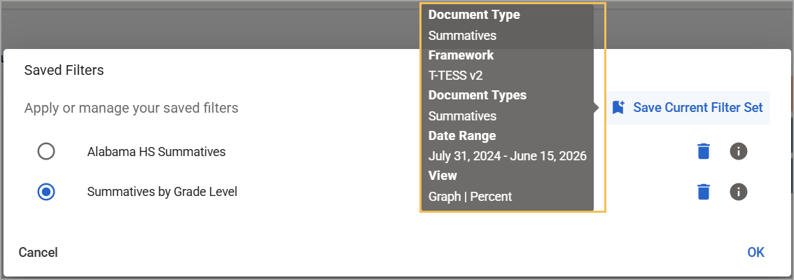 Options for saved filters including document types and date range selection.